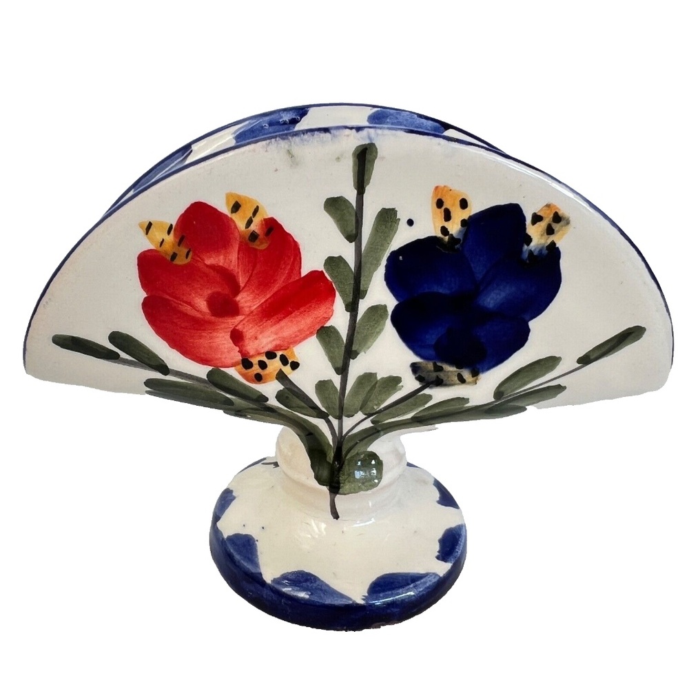 Napkin Holder Greek Hand Painted Art Pottery Lesvos Ceramic Blue Red White Greec
